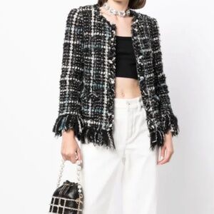 Chanel Classic Collarless Zipper Tweed Black Plaid ARTIC Jacket Blazer